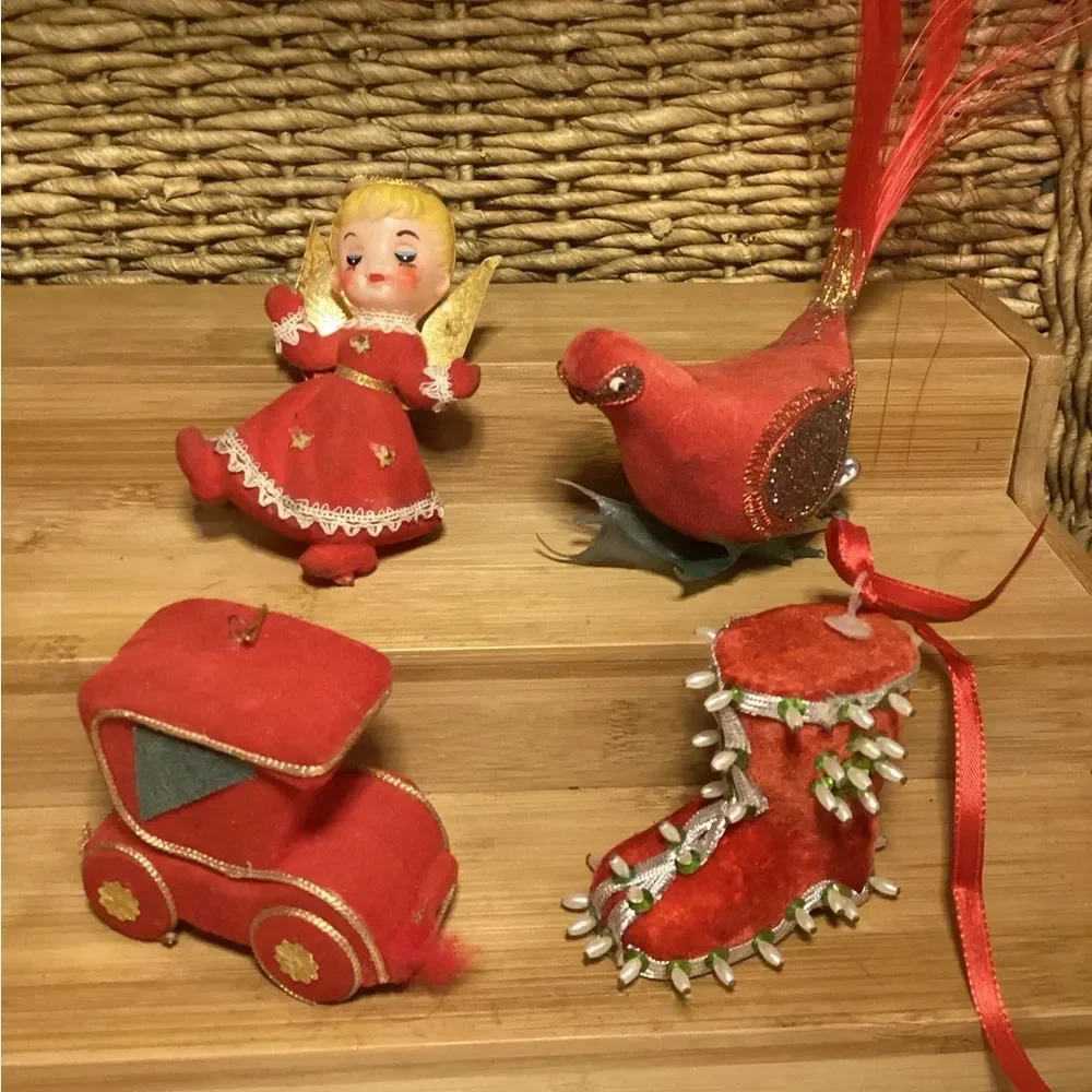 Vintage Flocked Christmas Tree Ornaments MCM Themed Set Angel Boot Carriage Bird